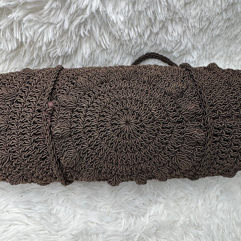 1940s Vintage Brown Cordé Crochet Handbag Gold Leaf Pull Double Handle 14” - Picture 15 of 16